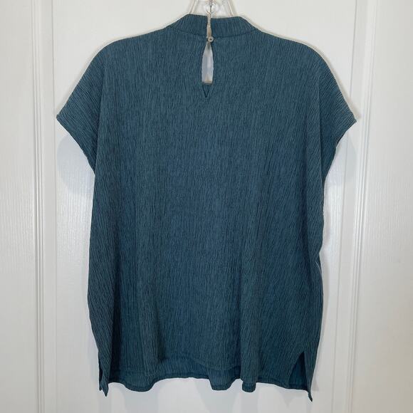 Eileen Fisher Teal-Blue Woven Plisse Mock Neck Top Crepe Tencel Short Sleeve S - Picture 7 of 7